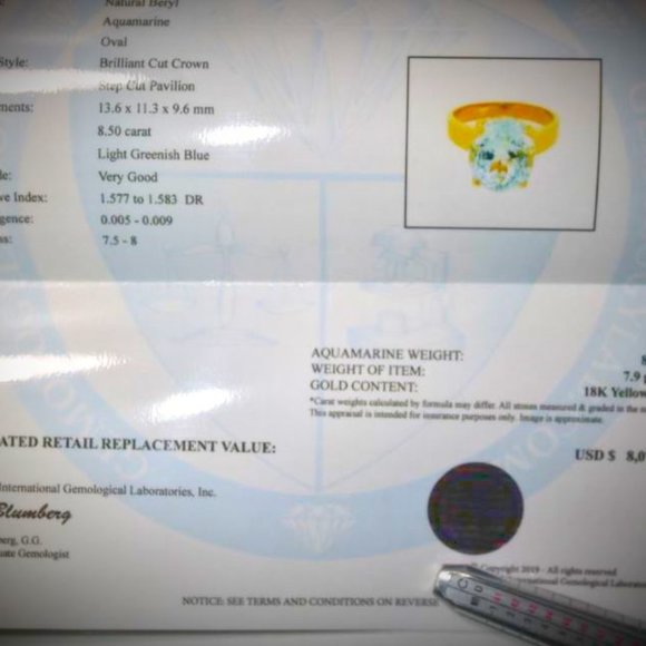 Aquamarine 8.50ct Solid 18K Yellow Gold Ring - Picture 5 of 9